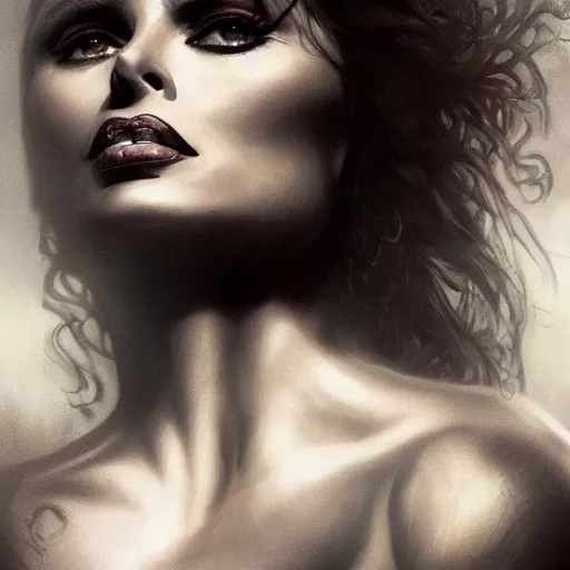 Prompt: closeup portrait of a young and beautiful sophia loren in gothic clothing, dramatic light, gorgeous view, depth, high detail, digital art, painted by greg rutkowski and seb mckinnon, by tim burton, trending on artstation