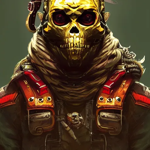 Image similar to a golden skull face monkey warrior with a ruby in his forehead, Apex Legends character digital illustration portrait design, by android jones, detailed, cinematic lighting, wide angle action dynamic portrait