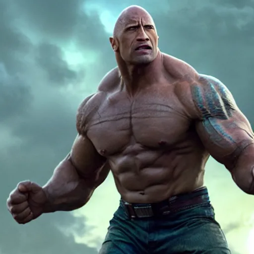 Image similar to dwayne johnson as incredible hulk, marvel cinematic universe, mcu, 8 k, raw, unedited, green skin, symmetrical balance, in - frame,