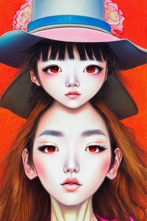 Image similar to girl wearing a cowboy hat, style of yoshii chie and hikari shimoda, highly detailed