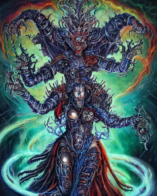 Image similar to silver mechanical charred bloody fleshmetal obliterator cyborg daemonhost woman wearing robes, psychedelic flamer of tzeentch with extra arms gunner, blue and green rainbow fire, by antonio j. manzanedo, alex grey, android jones, wayne barlowe, philippe druillet, josephine wall, harumi hironaka, cronenburg, pixabay