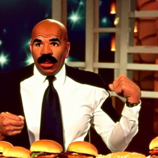 Image similar to steve harvey on the set of pulp fiction eating a cheeseburger