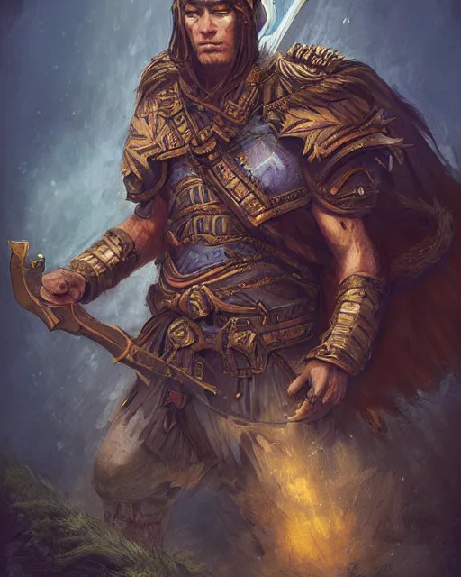 Prompt: digital painting of incan lancer, by filipe pagliuso and justin gerard, symmetric, fantasy, highly detailed, realistic, intricate, portrait, sharp focus, tarot card, face, handsome, peruvian