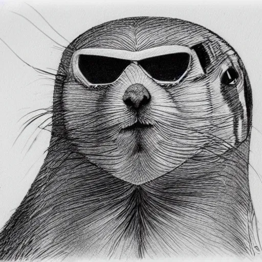 Image similar to a prairie dog wearing a predator mask, black and white sketch