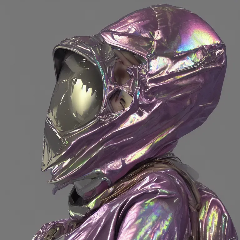 Image similar to octane render portrait by wayne barlow and carlo crivelli and glenn fabry, subject is a woman covered in tie - dye aluminum foil space suit with a iridescent metallic space helmet, inside a dark gothic rococo palace, cinema 4 d, ray traced lighting, very short depth of field, bokeh