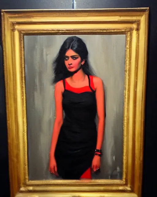 Image similar to beautiful portrait painting an gorgeous delhi girl wearing a little black dress at a nightclub, red lighting, oil painting, art by ruan jia