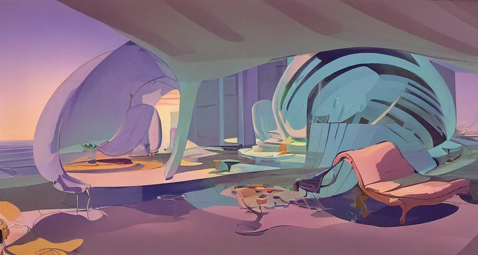 Image similar to nacre seashell house, atmospheric cinematography by syd mead and chuck jones