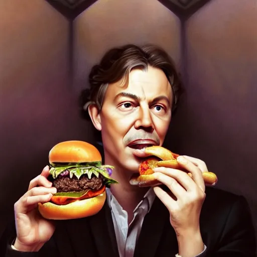 Image similar to portrait of Tony Blair eating hamburgers, extra onions and ketchup, luscious patty with sesame seeds, feminine ethereal, handsome, D&D, fantasy, intricate, elegant, highly detailed, digital painting, artstation, concept art, matte, sharp focus, illustration, art by Artgerm and Greg Rutkowski and Alphonse Mucha