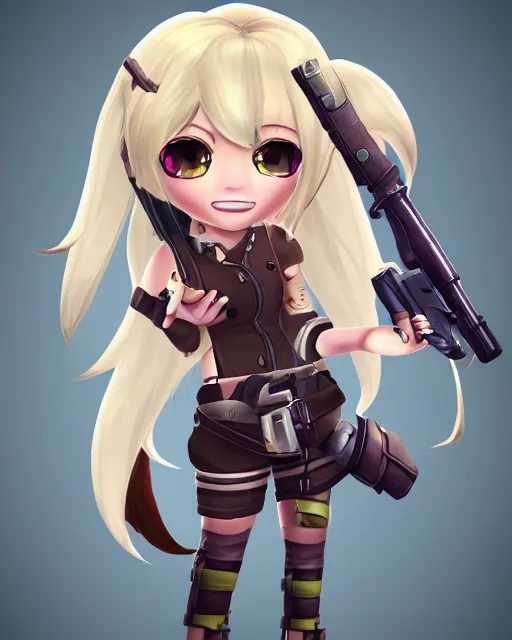 Prompt: katelynn mini cute style, highly detailed, rendered, ray - tracing, cgi animated, 3 d demo reel avatar, style of maple story, maple story gun girl, katelynn from league of legends chibi, perfect eyes, realistic eyes