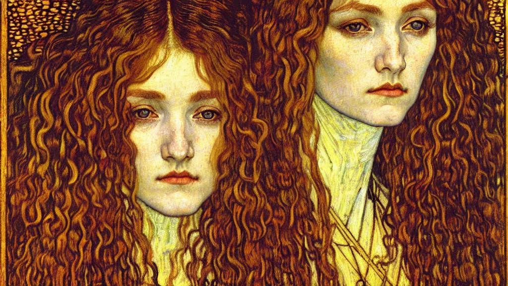 Image similar to detailed realistic beautiful young medieval queen face portrait by jean delville, gustav klimt and vincent van gogh, art nouveau, symbolist, visionary, gothic, pre - raphaelite, muted earthy colors, desaturated