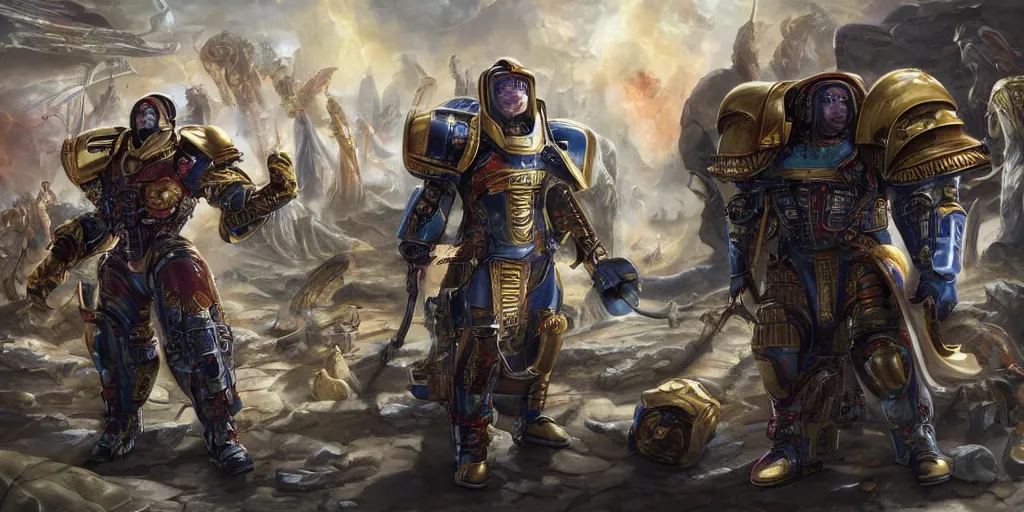 Prompt: God-Emperor Elon Musk crushes the unbelievers, realistic digital painting in the style of Warhammer