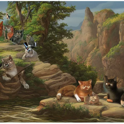 Image similar to a beautiful scenic painting of a group of adventurers cats