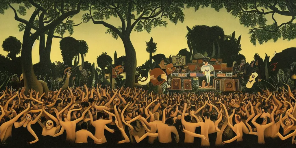 Image similar to a beautiful painting of Bad Religion playing a concert in Hell by Henri Rousseau 8k, 4k