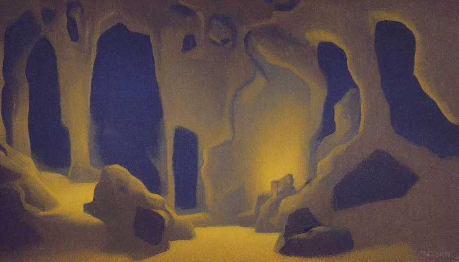 Prompt: a detailed oil painting of dark eerie ominous cave, prison cell, by nicholas roerich, by frank frazetta, by seurat, by hans emmenegger, by bruce pennington, by eyvind earle, moisture, grainy, highly detailed, realistic, outline, line,