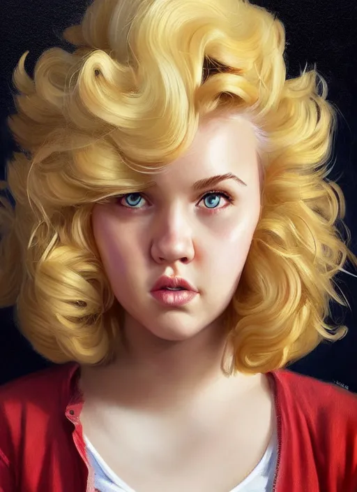 Image similar to full body portrait, teenage betty cooper, blonde hair, obese, bangs, ponytail, sultry, realistic, sultry smirk, fluffy bangs, curly bangs, fat, belly, intricate, elegant, highly detailed, digital painting, artstation, concept art, smooth, sharp focus, illustration, art by wlop, mars ravelo and greg rutkowski