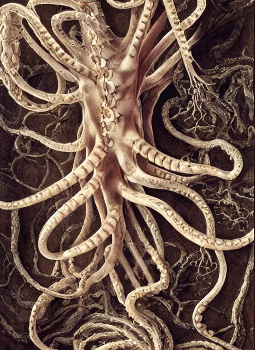 Image similar to magic octopus with translucent skin, visible muscles and veins and arteries and bones and spines and nerves, beautiful detailed intricate insanely detailed octane render, 8k artistic photography, photorealistic, chiaroscuro, by David Cronenberg, Raphael, Caravaggio