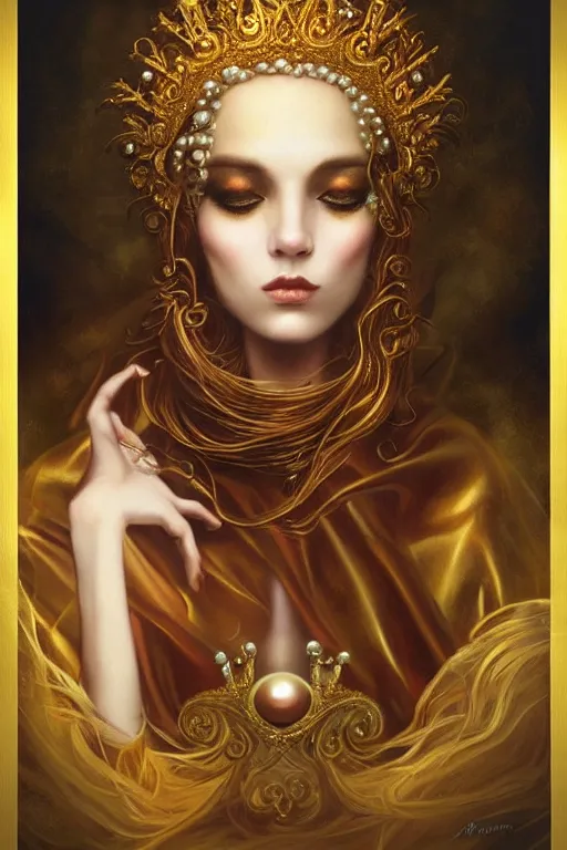 Image similar to Gold Crown with iridescent pearls, jewels, other worldly, rococo, by Anato Finnstark, Tom Bagshaw, Brom