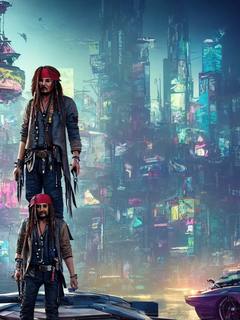 Image similar to jack sparrow in the game of cyberpunk 2 0 7 7, portrait, focus, 3 d illustration, sharp, intricate, poster, jack sparrow standing in front of the futuristic car, night city dystopian cyberpunk city in the background, photo, 3 d super render