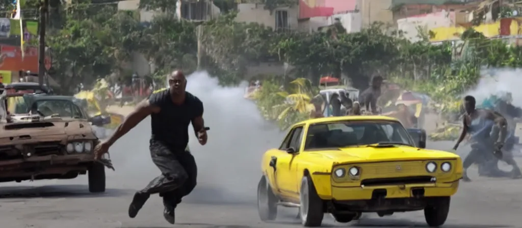 Prompt: action scene from jamaican fast and furious - movie, high definition screen capture