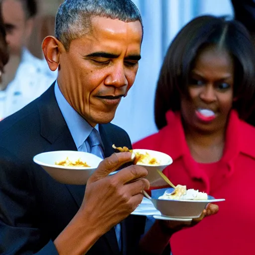 Prompt: barack obama eating chili fries, eating, chili fries, cheesy