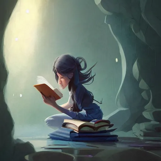 Image similar to a pixar girl reading a book, long hair flowing down, symmetrical, style of by Jordan Grimmer and greg rutkowski, crisp lines and color,