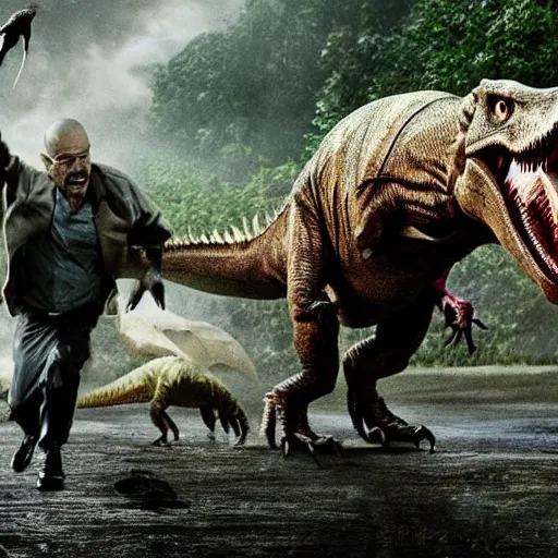 Prompt: walter white getting chased by a tyrannosaurus rex in jurassic park, movie still, epic quality, rain, night, dramatic, 4 k, intense, photorealistic