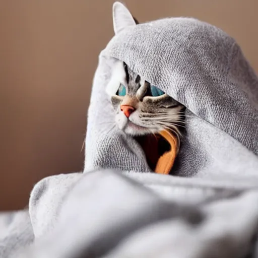 Image similar to A silly cat nursing a blanket eagerly