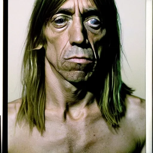 Prompt: Mugshot Portrait of Iggy Pop, taken in the 1970s, photo taken on a 1970s polaroid camera, grainy, real life, hyperrealistic, ultra realistic, realistic, highly detailed, epic, HD quality, 8k resolution, body and headshot, film still, front facing, front view, headshot and bodyshot, detailed face, very detailed face
