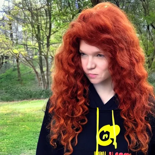 Prompt: a beautiful attractive redhead with long hair in loose curls, wearing a black zip-up hoodie sweatshirt with the word COMICSGATE in yellow on the front of the hoodie