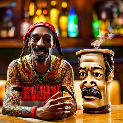 Image similar to a closeup photorealistic photograph of happy blunt smoking snoop dogg at trader vic's bar sitting next to a trader vic's style tiki mug featuring the face of snoop dogg. tiki culture. bright scene. 4 k hd image that's trending on artstation, featured on behance, well rendered, extra crisp, features epic composition and the style of unreal engine.