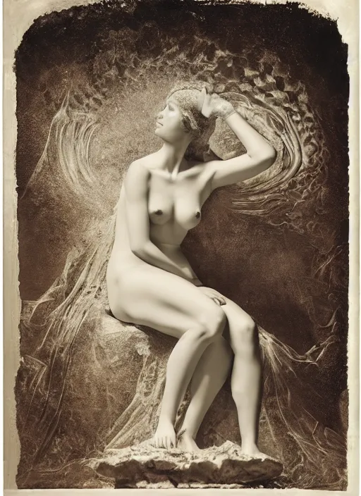 Image similar to old wetplate birth of venus, fractal, intricate, elegant, highly detailed, parallax, leica, medium format, subsurface scattering, by jheronimus bosch and greg rutkowski and louis jacques mande daguerre