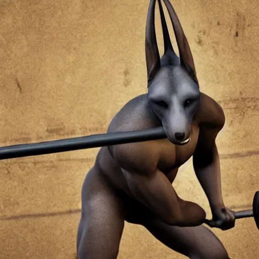 Prompt: ultrarealistic photo of anubis at the gym