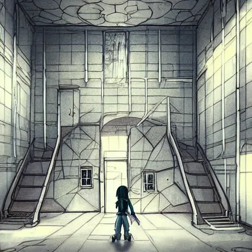 Prompt: “the inside of a huge white building with with many doors and stairs, confusing, creepy, mind bending, doors, strange dimensions, anime style, detailed background, very detailed”