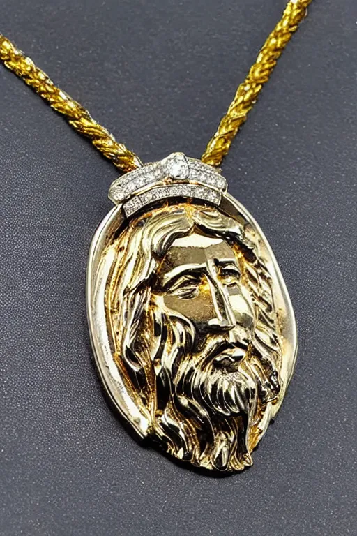 Prompt: this gold jesus pendant upgraded in platinum and sapphires where there are diamonds. high shine jewelry