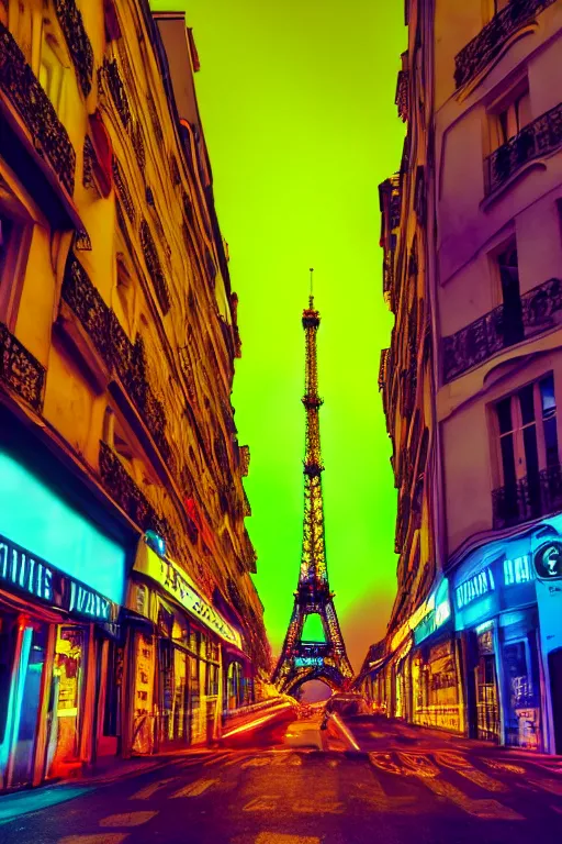 Image similar to neon streets of paris with eiffel tower, 4 k, award winning photo, cyberpunk style