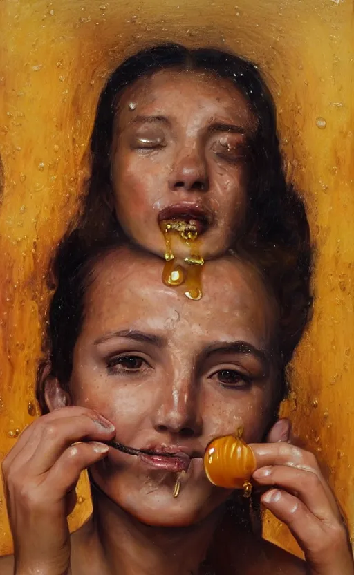 Prompt: portrait of an ancient girl, honey dripping on top of her, oil coming out of her mouth, gipper realistic, high tech!