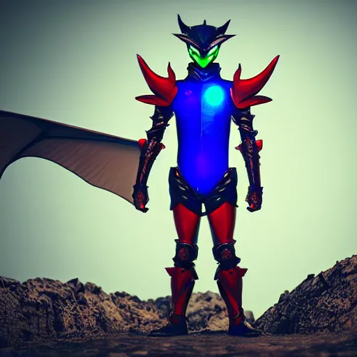 Prompt: High Fantasy Kamen Rider, single character full body, 4k, glowing eyes, rock quarry location, daytime, rubber suit, dark blue with red secondary color dragon inspired segmented armor made out of pvc plastic, ultra realistic, vibrant colors, Cinematography