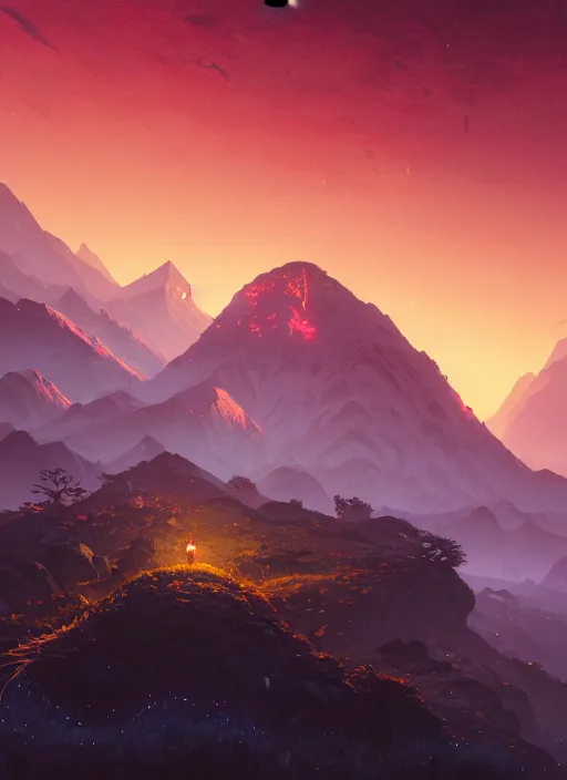 Image similar to highly detailed mountain in night, gta v, stephen bliss, unreal engine, fantasy art by greg rutkowski, loish, rhads, ferdinand knab, makoto shinkai and lois van baarle, ilya kuvshinov, rossdraws, tom bagshaw, global illumination, radiant light, detailed and intricate environment