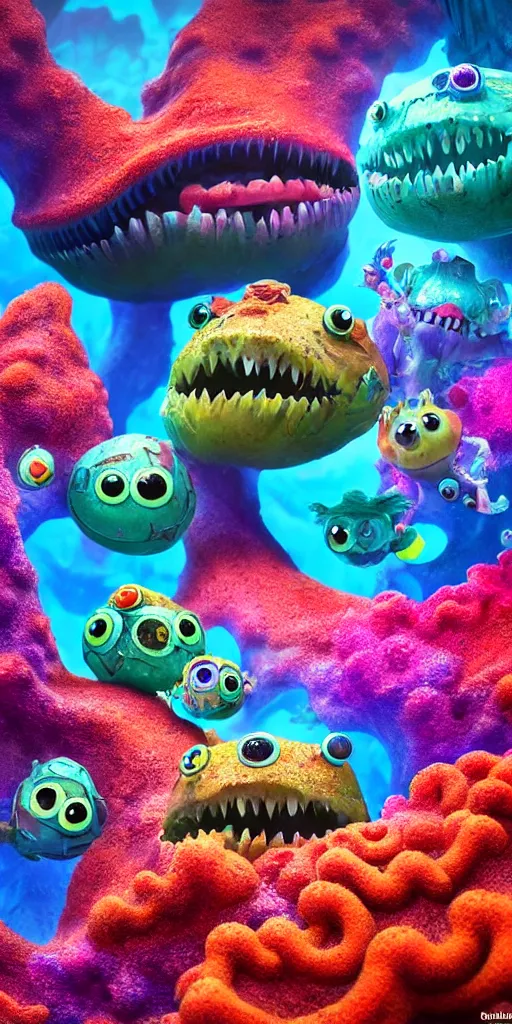 Image similar to of a colorful under water cave with strange cute friendly happy creatures with huge eyes, mouth, long tongue and round teeth appearing from sandy coral, in the style of gehry and gaudi, macro lens, shallow depth of field, ultra detailed, digital painting, trending artstation, concept art, illustration, cinematic lighting, photorealism, epic, octane render