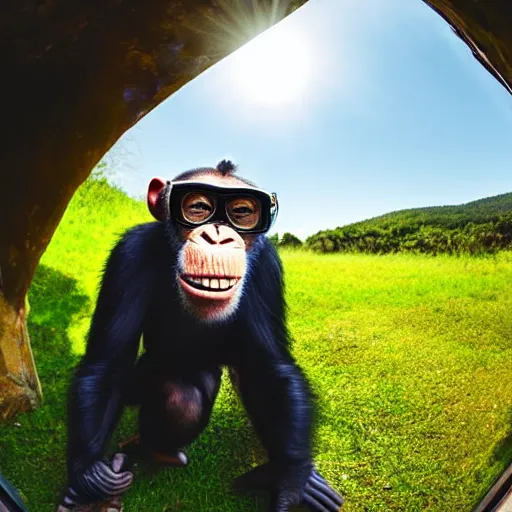 Prompt: high quality 8 k photo of a smiling happy chimpanzee wearing cool dark sunglasses looking up to the sun, ultra wide lens picture, detailed picture, cinematic composition, cinematic lighting, by edgar wright and david lynch