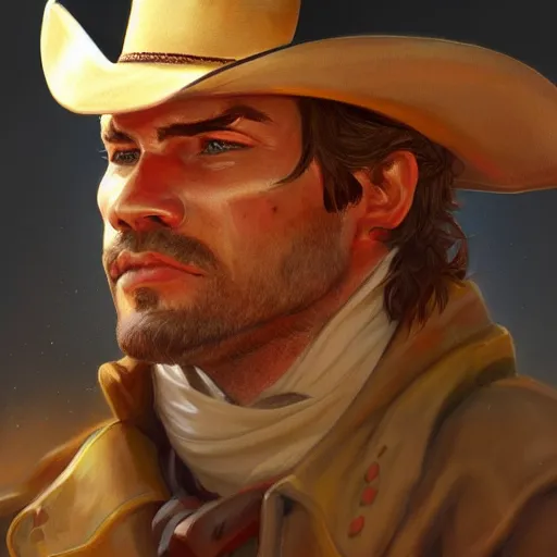 Image similar to cowboy portrait, 1800, colorful, dramatic lighting, detailed, intricate, elegant, highly detailed, digital painting, artstation, concept art, smooth, sharp focus, illustration