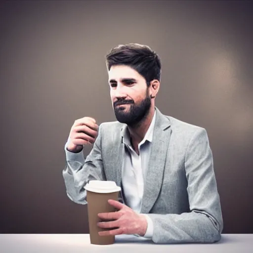 Image similar to startup CEO having a cup of coffee. Handsome!!!!!!! sci-fi concept art photorealistic!!!!!