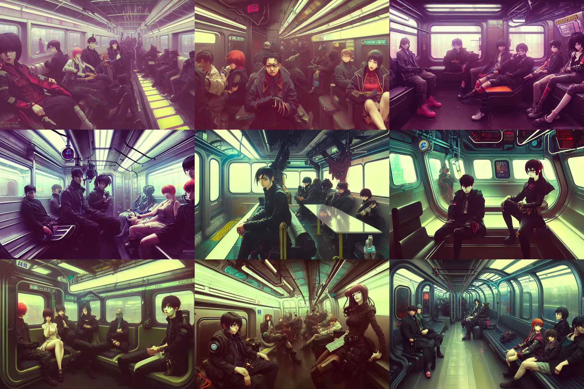 Prompt: hyper - realistic cyberpunk portrait of subway car interior, extreme detail, in style of ilya kuvshinov, krenz cushart, pan ren wei, greg rutkowski, alphonse mucha, anime aesthetic