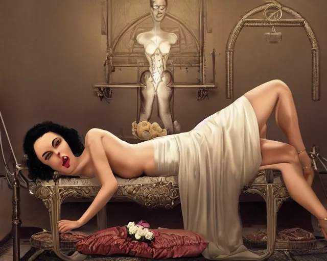 Prompt: phtorealistic modern pin up of monica bellucci as the bride of frankenstein posing in a bed in the room of a sanatarium, full body, campy color scheme, realistic, center, smooth, detailed, 8 k, artstation, octane render, ambient lighting, daniela uhlig