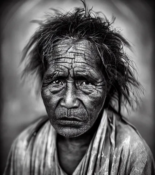 Image similar to Award winning reportage photo of Tuvalu Natives with incredible insane hair and beautiful hyper-detailed eyes wearing traditional garb by Lee Jeffries, 85mm ND 5, perfect lighting, gelatin silver process