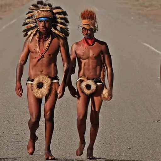 Image similar to a modern day fashion catwalk of an australian aborigine