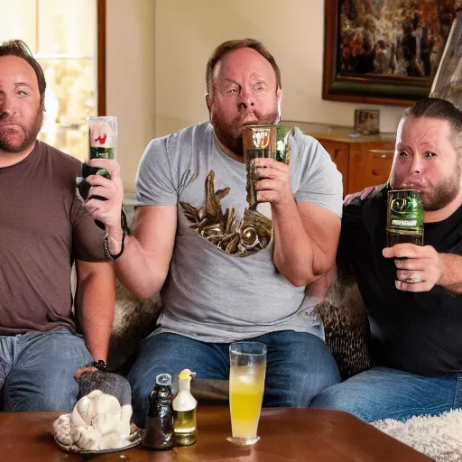 Prompt: alex jones and squirrel squad in living room drinking modelos