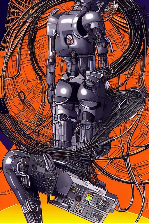 Image similar to awe inspiring cyberpunk anime style illustration of a. female android seated on the floor in a tech labor, seen from the side with her back open showing a cables and wires coming out, by masamune shirow and katsuhiro otomo, japan, 1980s, dark, colorful