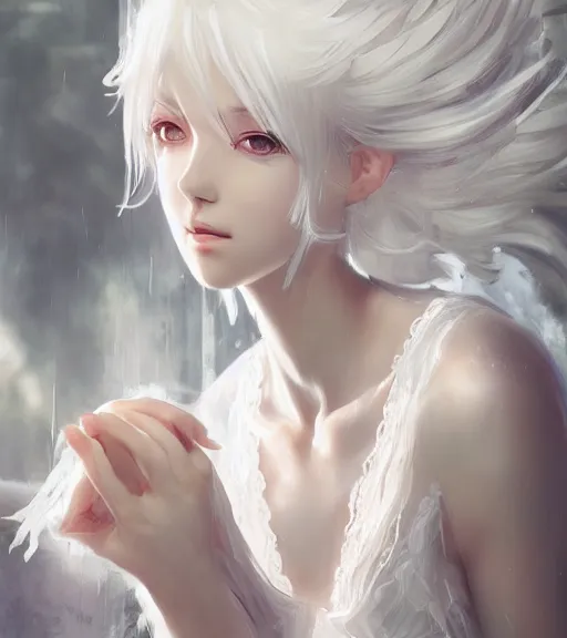 Image similar to Portrait of a white haired anime girl wearing a wet white lace nightgown, intricate, highly detailed, smooth, close-up, artstation, digital illustration by Ruan Jia