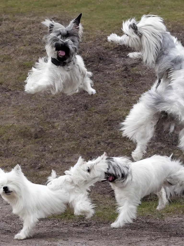 Image similar to a gray german spitz fights a white west highland terrier